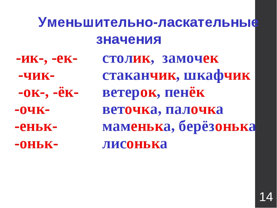 Суффикс примеры слов 3 класс. Слова с уменьшительно ласкательными суффиксами. Уменьшительно-ласкательные суффиксы в русском языке. Уменьшительно-ласкательные суффиксы существительных. Суффиксы с уменьшительно-ласкательным значением.