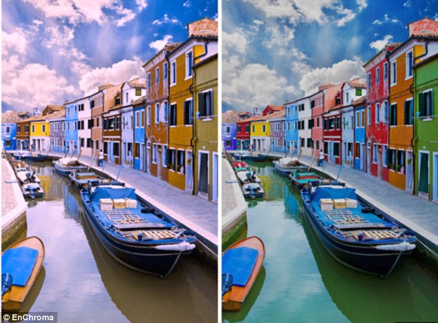 Spot the difference: On the left is Venice seen by someone with color blindness while on the right is Venice seen by a color blind person wearing EnChroma glasses