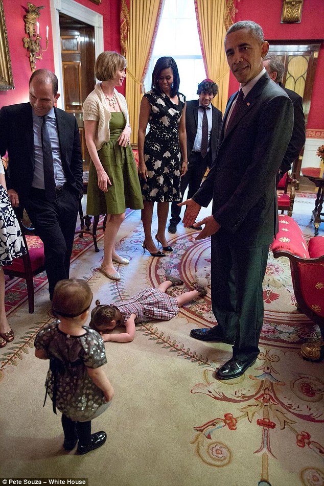 Kicking up a fuss: Claudia Chaudhary is pictured above having a tantrum in front of President Obama in the White House