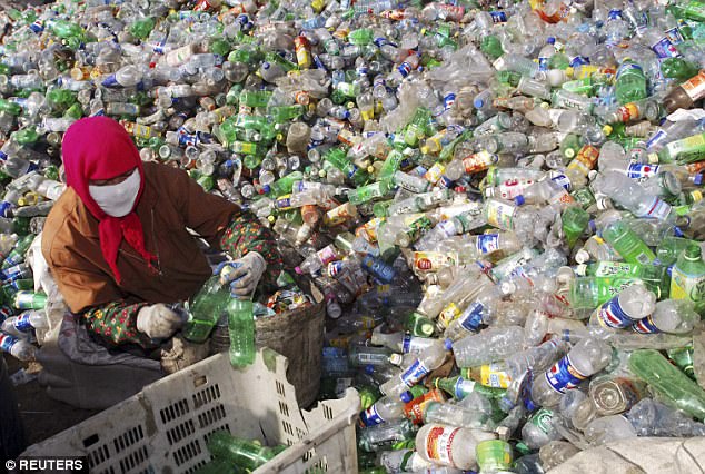 A labourer collects plastic bottles at a garbage recycling site in Xining, northwest China