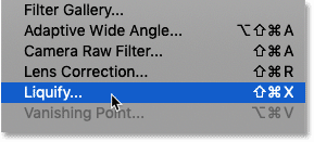 Selecting the Liquify filter in Photoshop